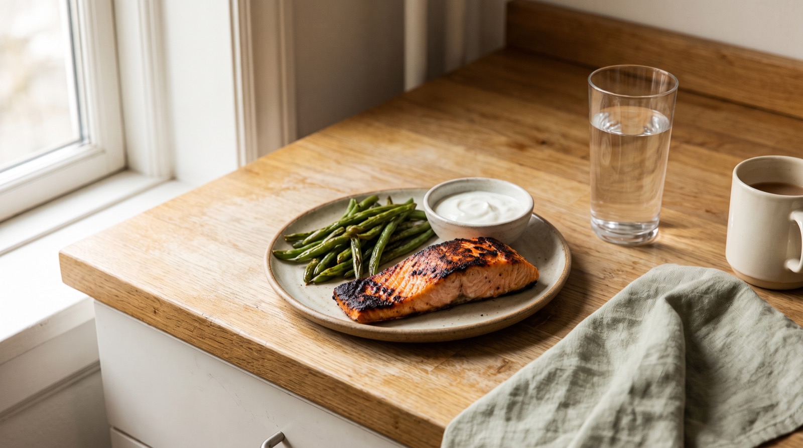 A protein-forward plate of salmon and greens on a kitchen counter