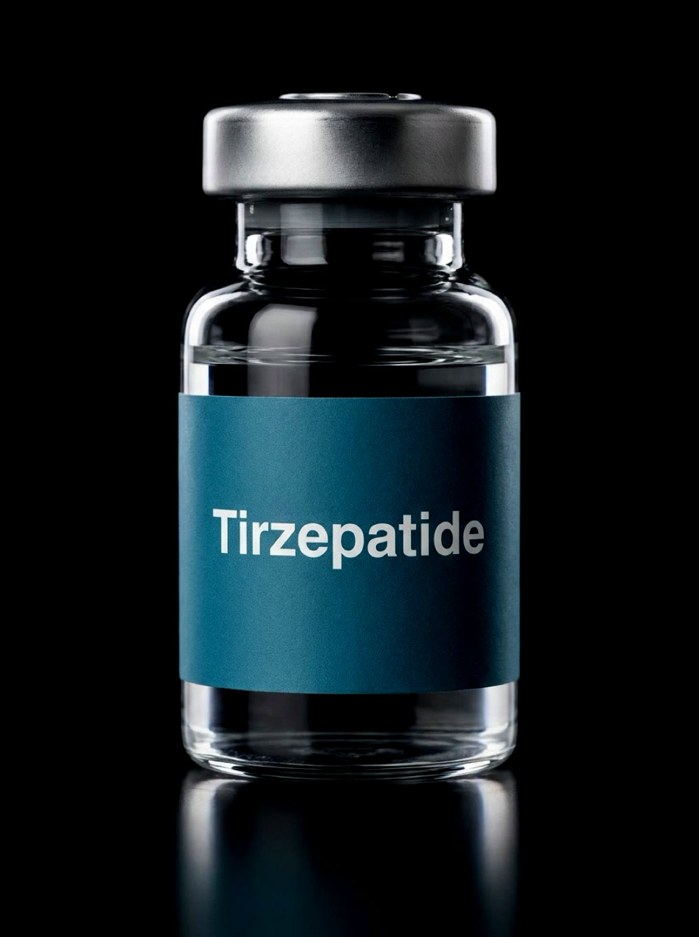 Tirzepatide vial, dark rim-lit background